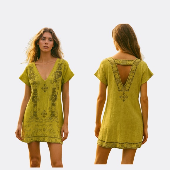 FREE PEOPLE Shift Tunic Dress Sz S $168 Gauze Beaded Embr Boho Cut-Out Back - Picture 1 of 5